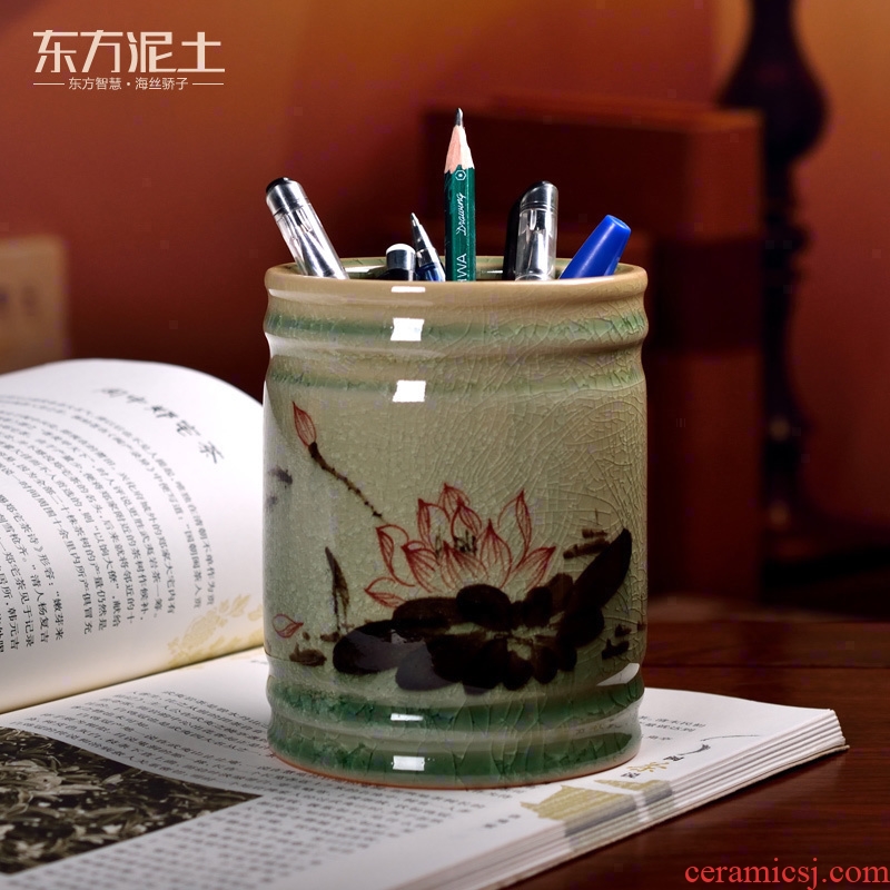 Oriental soil creative hand - made ceramic brush pot Chinese office desktop furnishing articles study the elder customized gifts