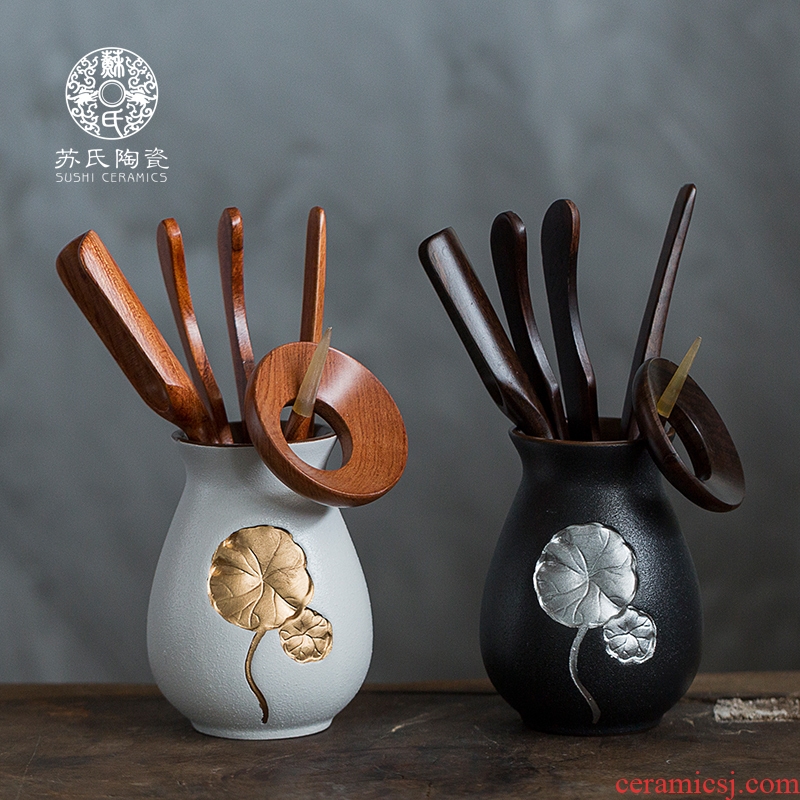 Su ceramic ceramic tea six gentleman 's suit kung fu tea tea spoon ChaGa ebony pear wood accessories