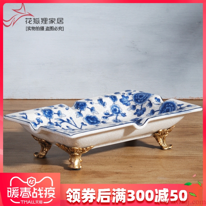 The New Chinese blue and white porcelain with copper decoration small fruit bowl dried fruit candy dish ashtray creative home office