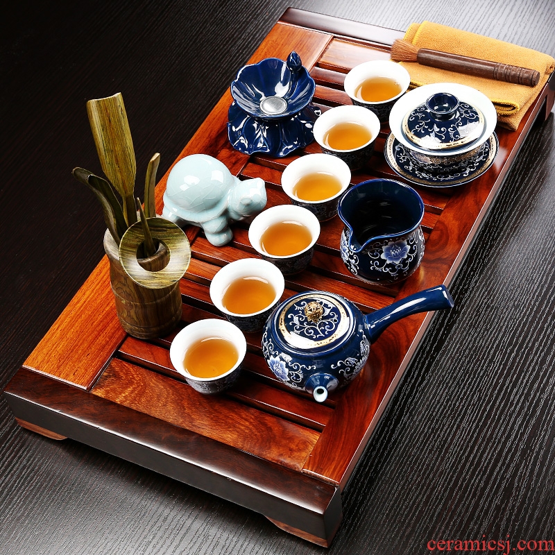 NiuRen purple ceramic kung fu tea set suit household contracted office hua limu tea tray was the draw - out type tea table set