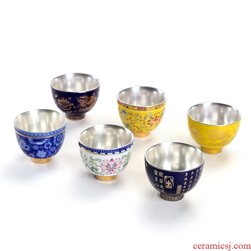 Jingdezhen porcelain enamel silver cup silver 999 authentic wu manual coppering. As the master sample tea cup single CPU