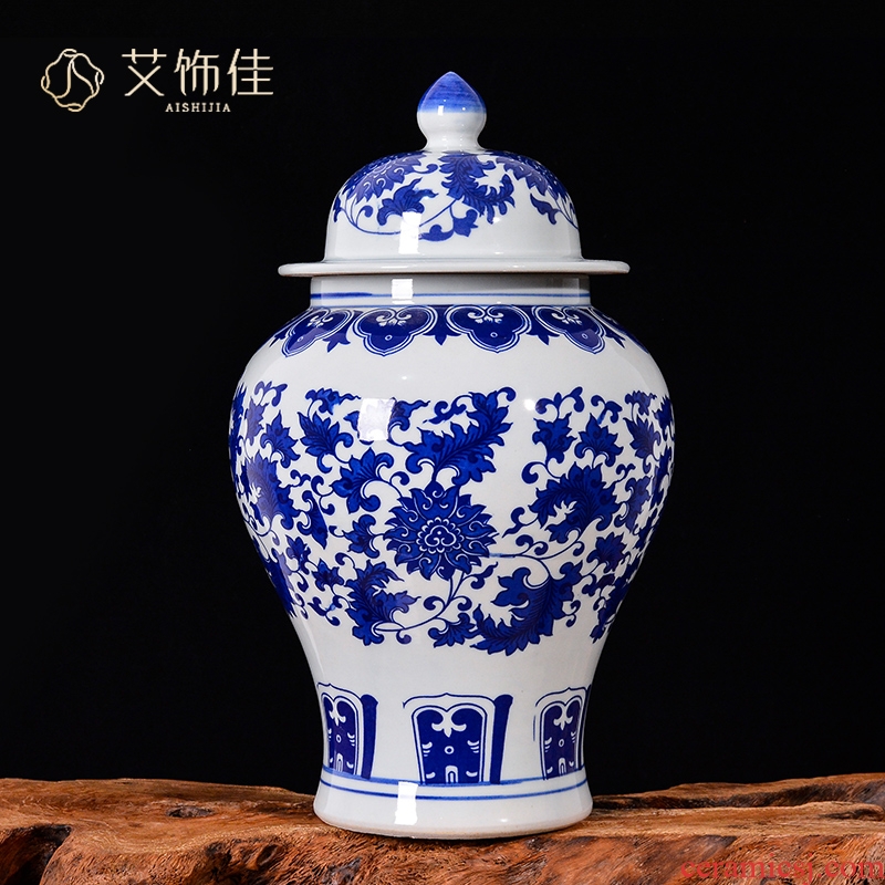 Jingdezhen ceramic general furnishing articles blue and white porcelain pot home bound lotus flower storage tank with cover caddy fixings sitting room decoration