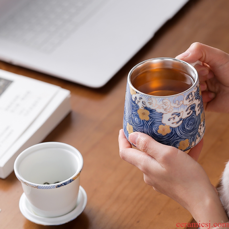 Jingdezhen silver cup 999 sterling silver colored enamel porcelain cup tea separation cup personal office cups with cover