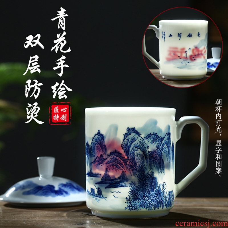 Ceramic double anti hot tea cup with lid cup jingdezhen hand - made porcelain teacup boss gift cup