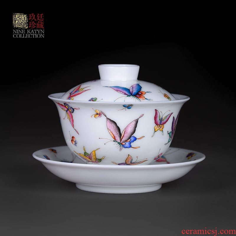 About Nine katyn colored enamel tureen jingdezhen manual hand - made butterfly kung fu tea tea cups all three bowl of individual