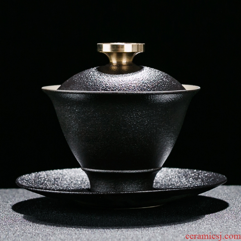NiuRenChan wind, black, black pottery tureen three bowls of kung fu tea cups coarse pottery tea tureen household to use