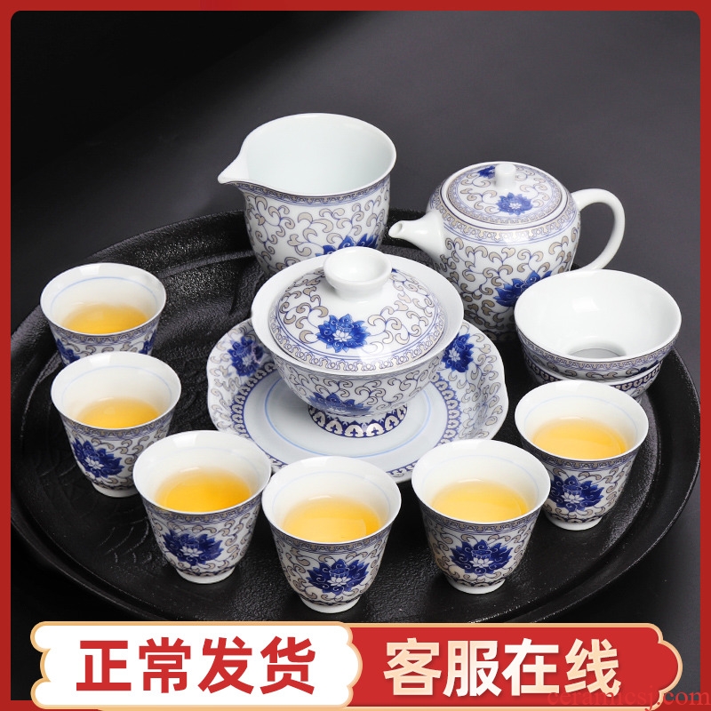 Artisan fairy jingdezhen ceramic tureen tea set of household contracted 6 cups kung fu tea set a complete set of blue and white porcelain
