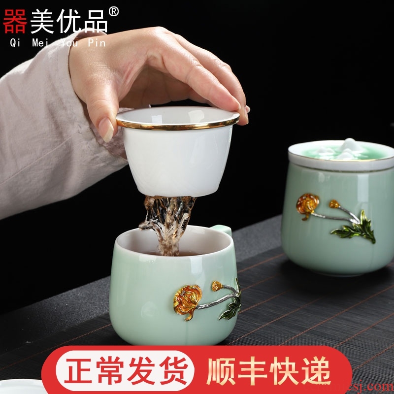 Implement the superior ceramic tea cup of belt filter belt handle office cup tea cup mark cup tea separation of household