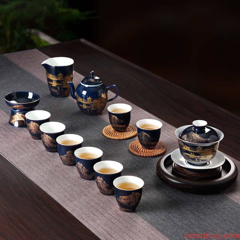 Red the offering blue see hand - made jingdezhen ceramic glaze kung fu tea set home sitting room tureen teapot teacup