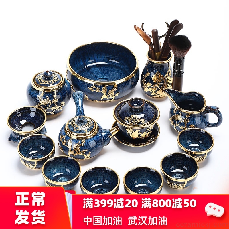 Implement the optimal product jingdezhen kung fu tea set an inset jades built lamp temmoku lid bowl cups Chinese gifts