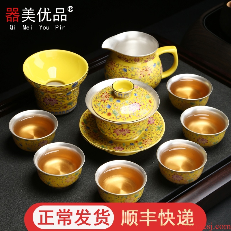 Implement the optimal product silver 999 silver tea set ceramic coppering. As kung fu tea tea bowl cups household