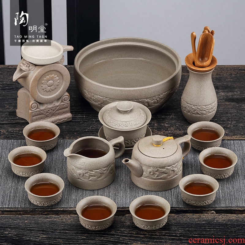 TaoMingTang coarse pottery kung fu tea set suit household ceramics shek kwu tea set creative stone mill tea tea restoring ancient ways