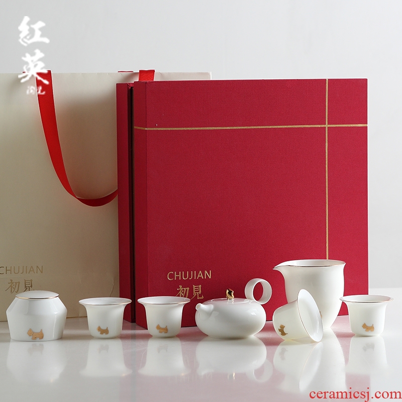 Red the jingdezhen ceramic kung fu tea set household contracted see colour tureen teapot travel white porcelain tea set