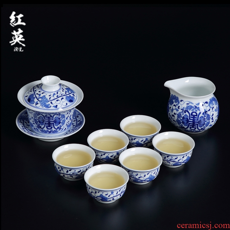 Jingdezhen ceramic kung fu tea set family hand - made Chinese blue and white porcelain tea tureen of a complete set of cups