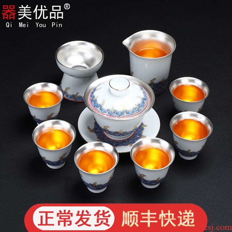 Implement the superior coppering. As 999 silver colored enamel tureen kung fu tea set jingdezhen ceramic teapot teacup household