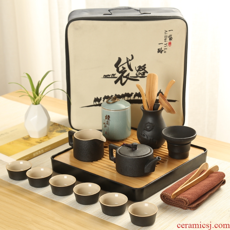 Ji blue travel tea set suit, black pottery up household is suing kung fu tea set to receive a portable package of a complete set of ceramics