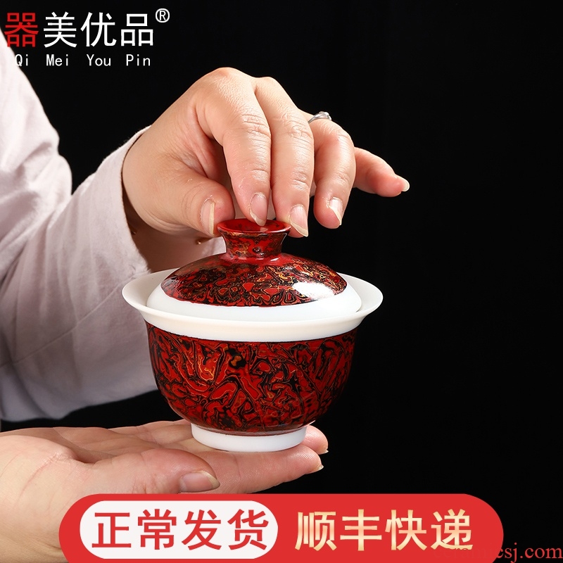 Implement the superior lacquer tea dehua ceramic high white porcelain tureen tea cups is big three bowls of Chinese style