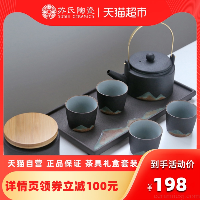Su ceramic tea set hand - made painting kung fu tea set with fine dry tea tray box girder teapots