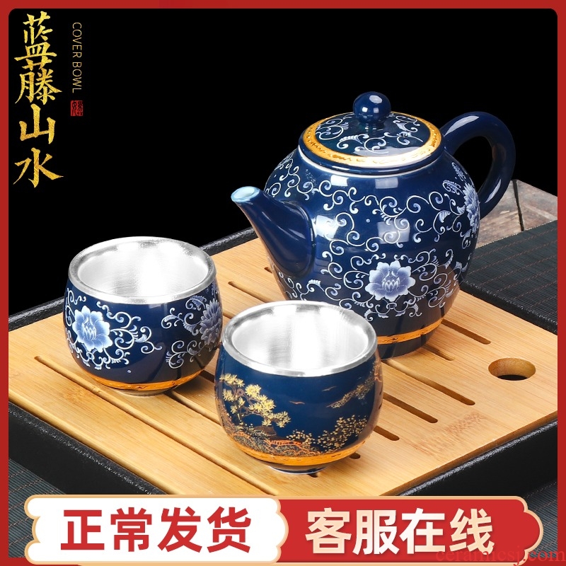 Artisan fairy jingdezhen silvering crack cup a pot of two glass ceramic household portable travel kung fu tea set