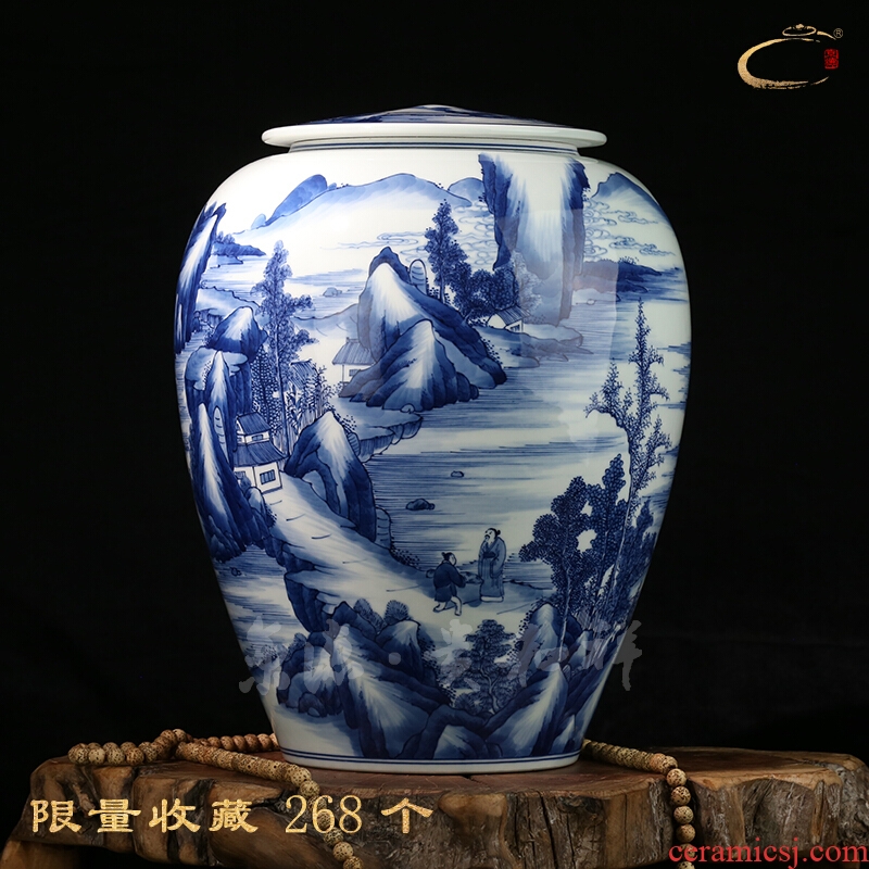 The Master and auspicious kang xi landscape caddy fixings jingdezhen blue and white porcelain is hand - made ceramic POTS sealed as cans of storage tank