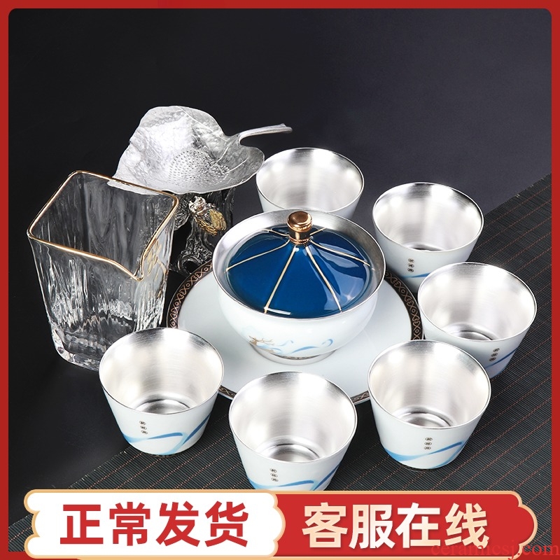 High - grade silver tea sets, 999 sterling silver checking household ceramic tea tureen kung fu suit of a complete set of tea cups