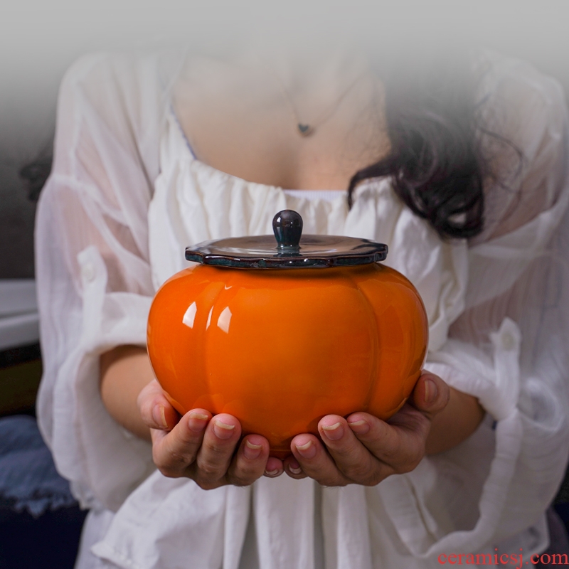 Large small pumpkin caddy fixings storage jar airtight pot color glaze blue glaze of household ceramic seal pot
