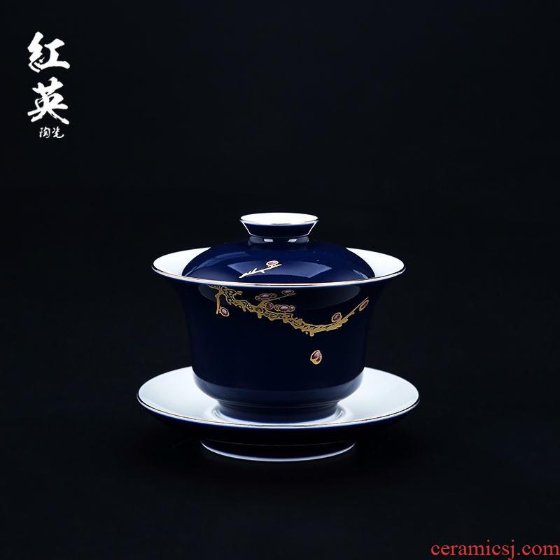 Red the jingdezhen ceramic kung fu tea set hand draw the blue hand paint three tureen large bowl cups