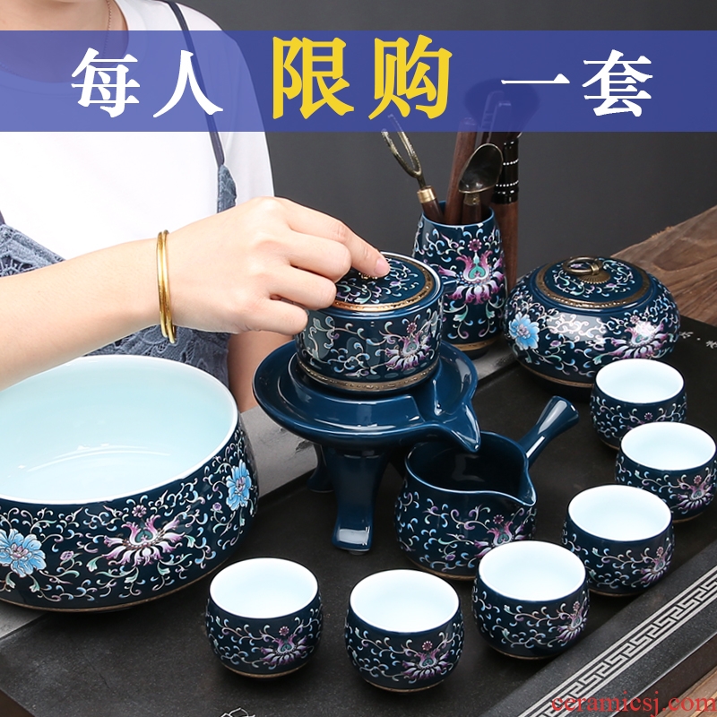 Household of jingdezhen blue and white porcelain kung fu tea set automatic stone mill lazy teapot tea silver tea set