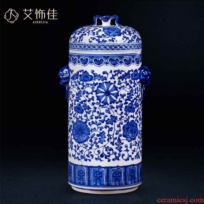 Jingdezhen blue and white ears around antique ceramics lotus flower storage tank caddy fixings Chinese style living room TV cabinet furnishing articles