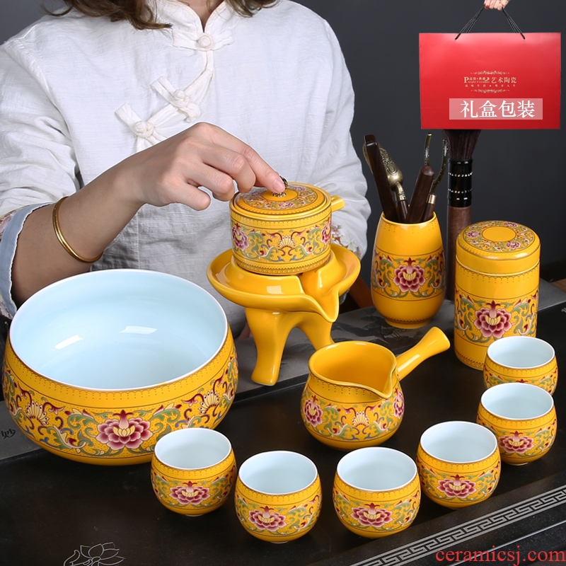 A complete set of colored enamel porcelain kung fu tea tea cups of restoring ancient ways of household teapot hot lazy automatic tea set