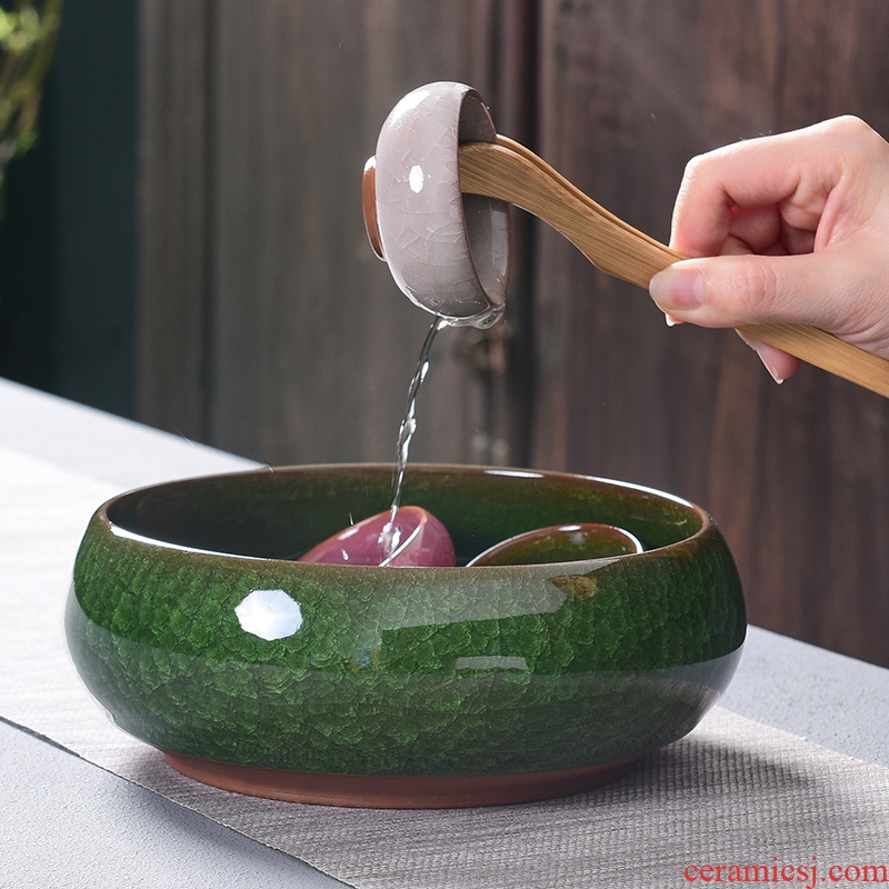 Laugh, ice crack glaze big tea wash water jar household hole green ceramic vessels of zero kung fu tea wash cup match