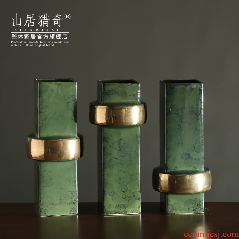 Modern Nordic home sitting room decoration vase furnishing articles three - piece fangyuan bottle green, new classic ceramic vase