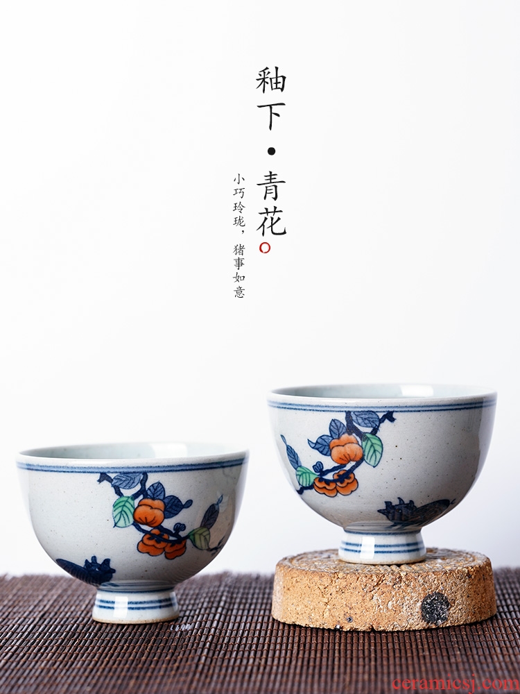 Jingdezhen ceramic sample tea cup hand - made master kung fu tea cup single CPU getting blue and white pig persimmon satisfied for a cup of tea