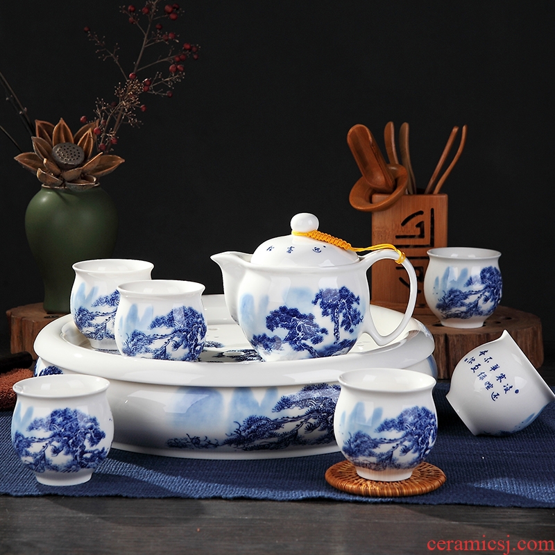 Hongying ceramics jingdezhen porcelain kung fu tea set suit household double anti hot teapot tea tray of a complete set of tea cups