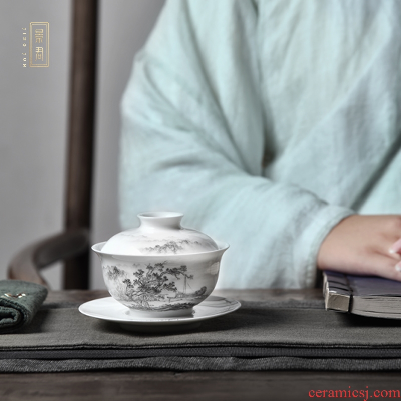 JingJun jingdezhen high - end hand - made of color ink landscape only three tureen ceramic cups kung fu tea tea