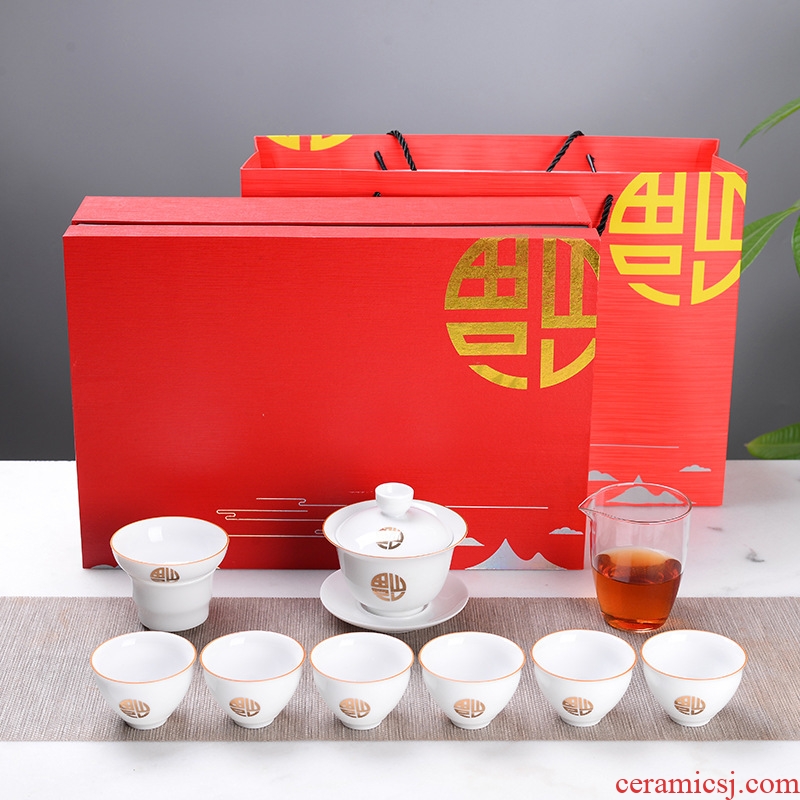 Ceramic kung fu tea set household pot sweet high thin foetus tureen office contracted dehua white porcelain craft gift box