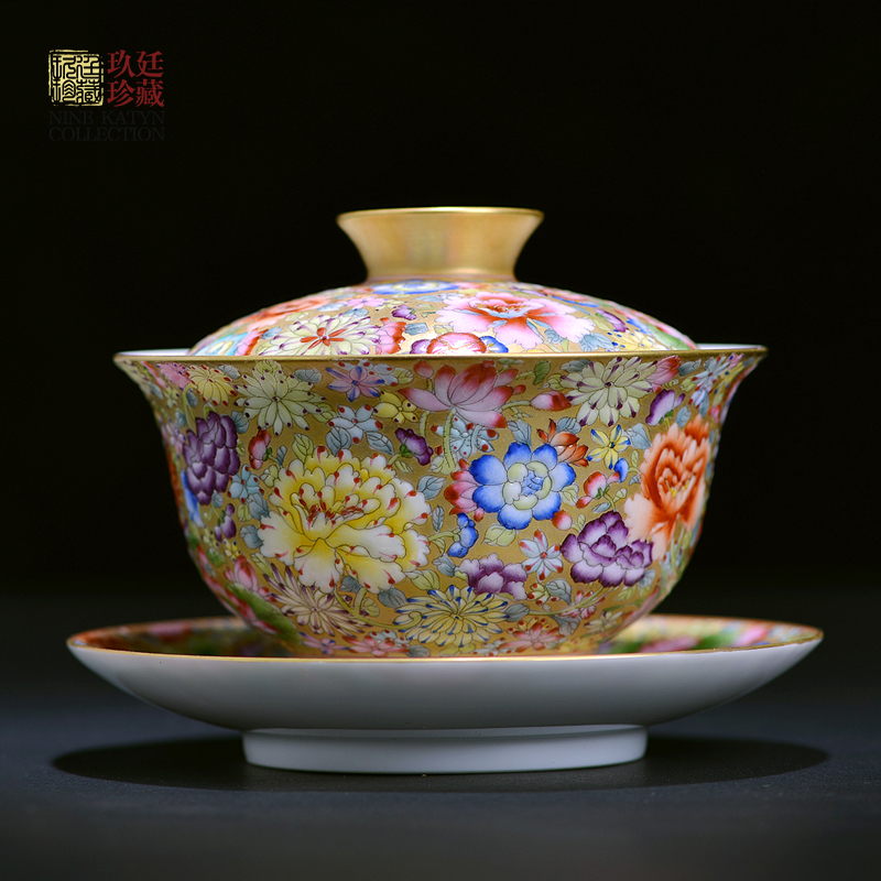 Three to nine katyn colored enamel craft ceramics tureen jingdezhen tea cups hand - made gold base flower tea cup bowl