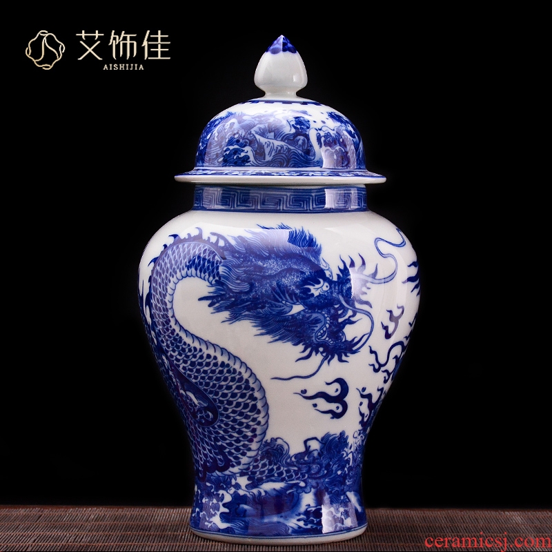 Jingdezhen blue and white dragon ceramics general tank storage tank household caddy fixings adornment handicraft furnishing articles in the living room