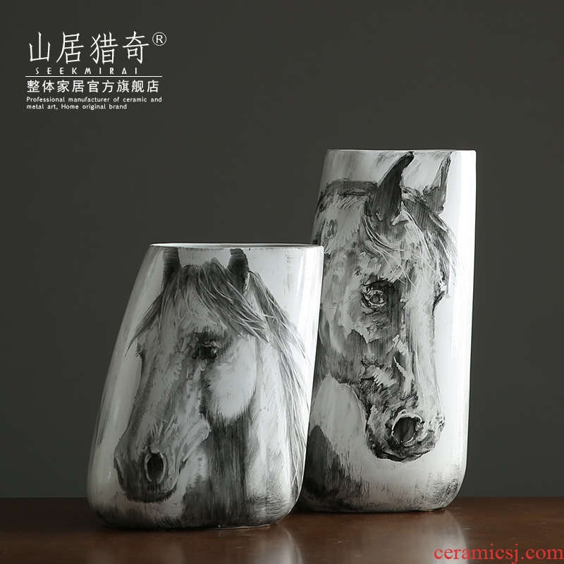 Nordic new Chinese hand - made ink horsehead ceramic vases, large flower arranging flowers sitting room porch decorate furnishing articles