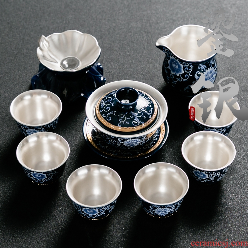 Blue and white tea set a complete set of kung fu tea set manually coppering. As NiuRen silver household ceramic tea set the teapot teacup gift boxes