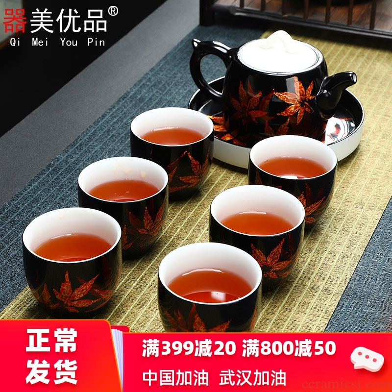 Implement the superior lacquer tea sets Chinese style white porcelain kung fu tea set of the maple leaves the teapot teacup whole household gifts
