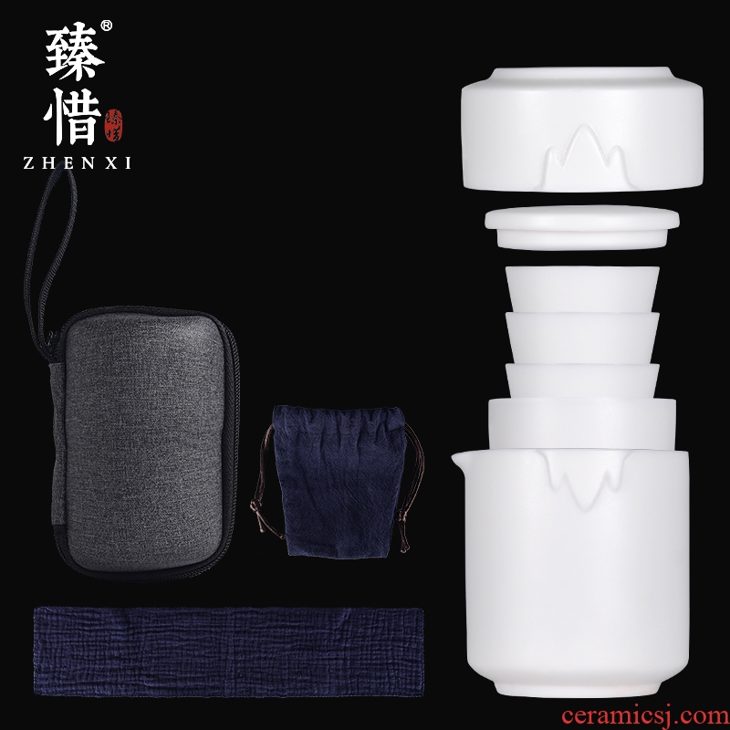 "Cherish health not burn white porcelain glaze water element suet jade crack cup travel kung fu tea set suit portable home