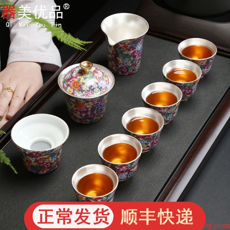 Implement the superior jingdezhen colored enamel kung fu tea set coppering. As silver teapot Chinese style household contracted a complete set of tea service