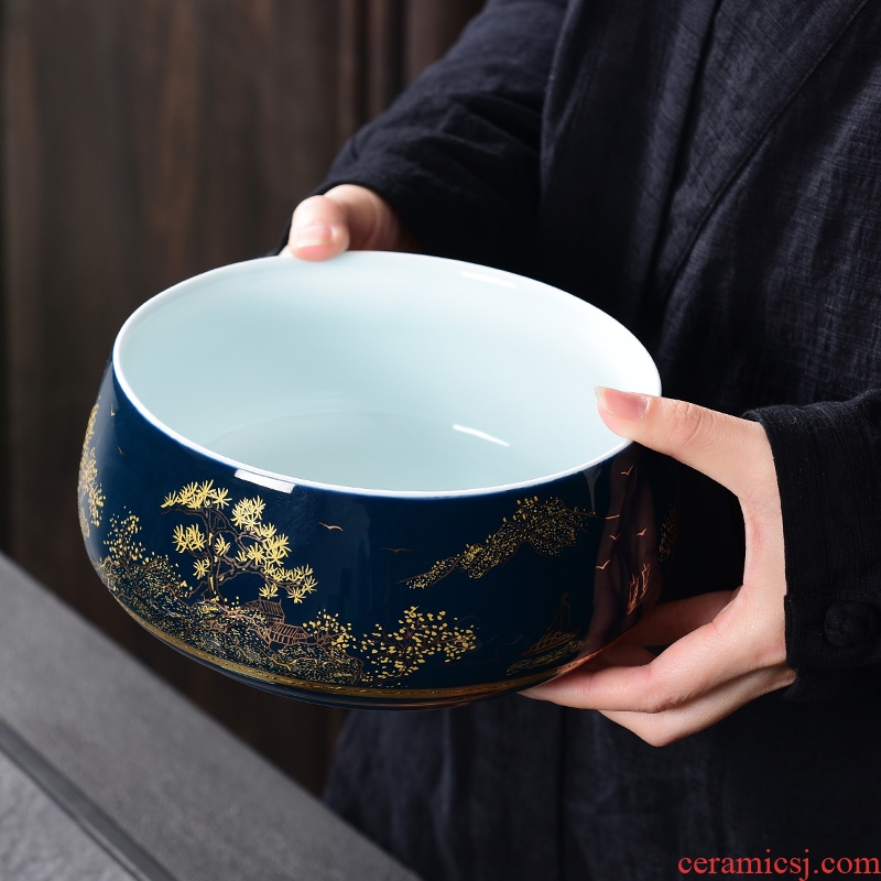 A good laugh, Jin Yunsong ji blue tea set large tea wash basin of household ceramics creative kung fu tea cups to receive