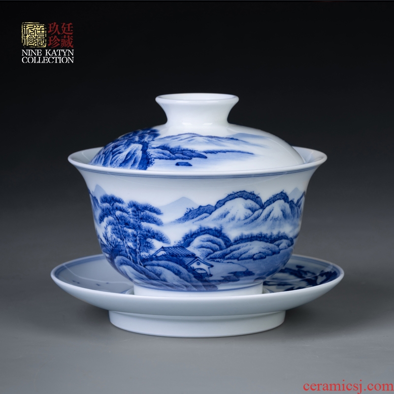Nine at jingdezhen blue and white big tureen manual hand - made landscape ceramic kung fu tea set three single tea bowl to bowl