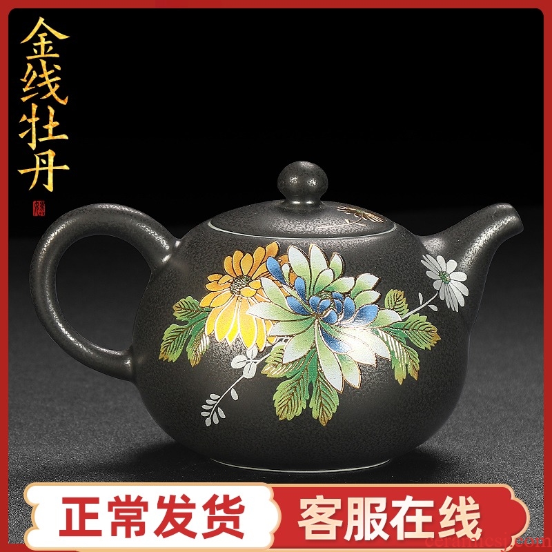 Artisan fairy gold peony ceramic teapot household retro Japanese belt filter teapot large single pot of tea