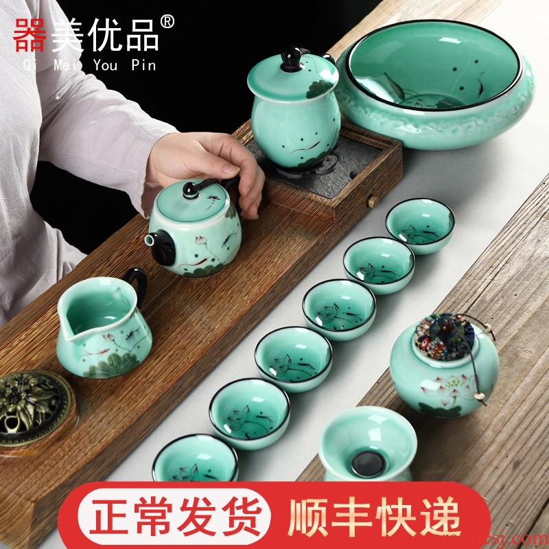 Implement the optimal product celadon hand - made teacup teapot ceramic household of Chinese style kung fu tea set gift box of a complete set of suits for