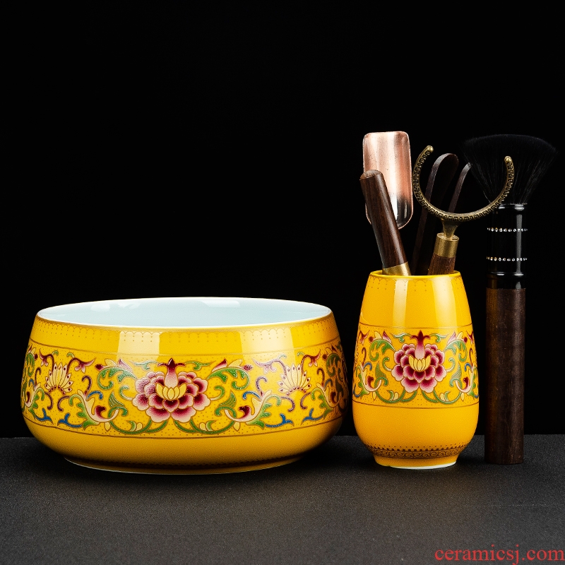 NiuRen colored enamel ebony tea six gentleman 's suit tea accessories of caddy fixings tea wash to the ceramic seal pot