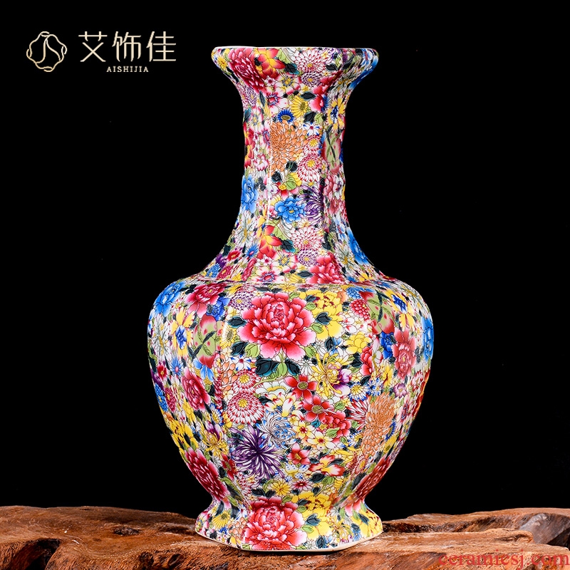 Jingdezhen ceramics powder enamel six - party vase antique flower flower arrangement of Chinese style living room TV ark adornment furnishing articles