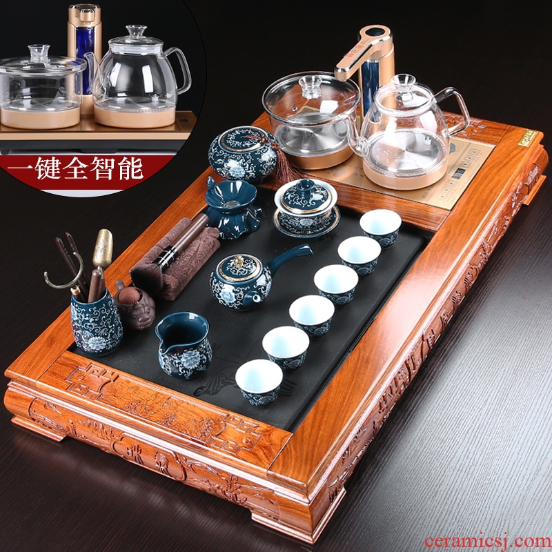Solid wood tea tray was hua limu kung fu tea set tea family contracted drainage tea sea blue and white porcelain tea set